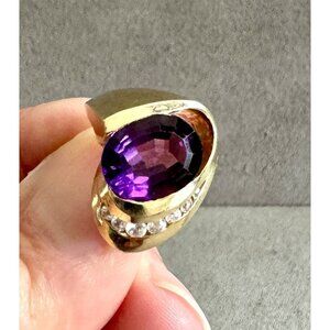 Modernist Vintage HEAVY 14K Yellow GOLD Big AMETHYST RING White Topaz 15g Size 6